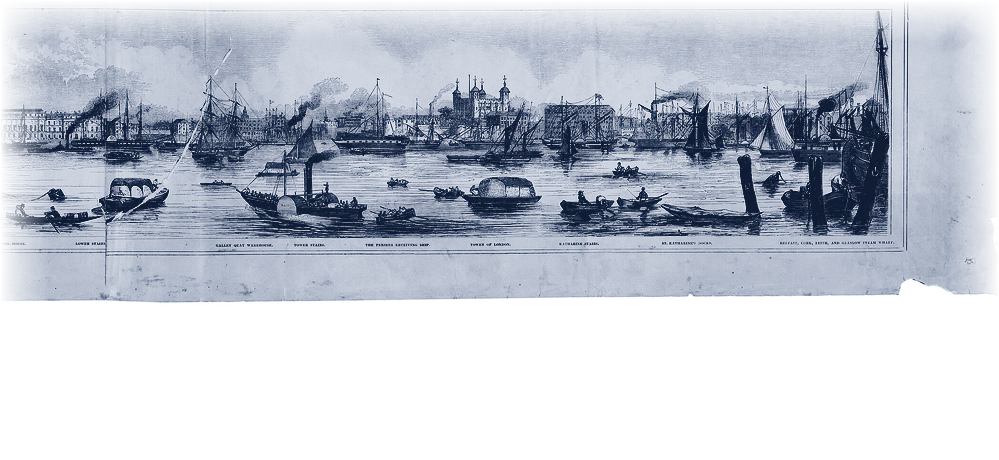 The Grand Panorama of London from the Thames (1844): the Custom House, the Tower, the docks — steel engraving